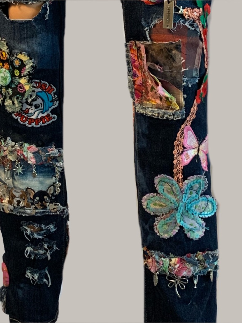 Upcycled Patchwork and Patched Embellished Dark Blue Cigarette Cut Denim Jeans - Picture 8 of 15
